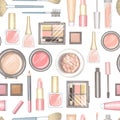 Seamless pattern with cartoon different packages for decorative cosmetics