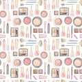 Seamless pattern with cartoon different packages for decorative cosmetics