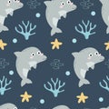 Seamless pattern with cartoon dolphin. Colorful vector flat style. hand drawing. Royalty Free Stock Photo