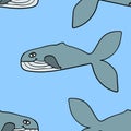 Seamless pattern with cartoon doodle happy whale. Royalty Free Stock Photo