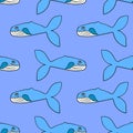 Seamless pattern with cartoon doodle happy whale. Royalty Free Stock Photo