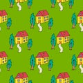 Cartoon doodle house and garden with trees seamless pattern.