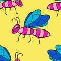 Seamless pattern with cartoon doodle linear midge, fly