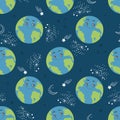 Seamless pattern cartoon Earth planet. Happy globe character in space