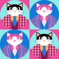 Seamless pattern with cartoon elegant cat in checked jacket, vest and necktie