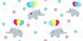 Seamless pattern with cartoon elephants flying on balloons. Vector illustration of a cartoon elephant. . Royalty Free Stock Photo