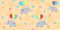 Seamless pattern with cartoon elephants flying on balloons. Vector illustration of a cartoon elephant. Royalty Free Stock Photo