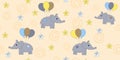 Seamless pattern with cartoon elephants flying on balloons. Vector illustration of a cartoon elephant. Royalty Free Stock Photo