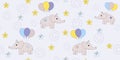 Seamless pattern with cartoon elephants flying on balloons. Vector illustration of a cartoon elephant. Royalty Free Stock Photo