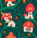 Seamless pattern with cartoon fairy tale porcini house on a liana with lanterns for fairies and gnomes on green background.