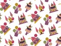 Seamless pattern of cartoon fantasy sweet land caramel trees and houses. Fantasy nature candy landscape illustration. Royalty Free Stock Photo