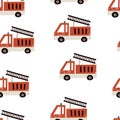 Seamless pattern with cartoon fire engines. Colorful vector flat style for kids. hand drawing. Royalty Free Stock Photo