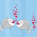 Seamless pattern with cartoon fishes couple in love and red bubbles like heart on the blue background with stripes. Royalty Free Stock Photo