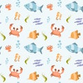 Seamless pattern with cartoon fishes and sea animals.