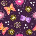 Seamless pattern with cartoon flowers, butterflies, decor elements on a neutral background. Vector flat style. hand drawing. plant Royalty Free Stock Photo