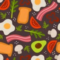 Seamless pattern with cartoon fried eggs, bacon, toast, tomato, decor elements on a neutral background. colorful vector. hand dra