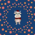 Seamless pattern cartoon funny bull in santa claus hat with a postcard, a symbol of the new year on a blue background with stars Royalty Free Stock Photo