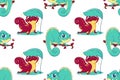 Seamless pattern with cartoon funny lizards. Vector illustration of chameleons