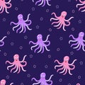 Seamless pattern Cartoon funny octopus with bubbles and stars, vector illustration of a sea animal in a children concept Royalty Free Stock Photo