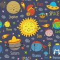 Seamless pattern with cartoon funny solar system and names of planets Royalty Free Stock Photo