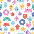 Seamless pattern with cartoon geometric shapes characters. Basic abstract geometry figures with cartoon faces. Vector Royalty Free Stock Photo