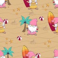 Seamless pattern with cartoon gnome playing ball, drinking cocktail and eating ice cream on the beach among palm trees and