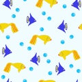 Seamless pattern cartoon golden and blue fish, water bubbles. Cute undersea life, vector eps 10 Royalty Free Stock Photo