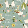 Seamless pattern with cartoon gooses and flowers