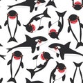 Seamless pattern Cartoon grampus orca, killer whale, sea wolf Kawaii with pink cheeks and positive smiling on white background. Ve