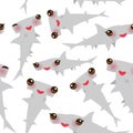 Seamless pattern Cartoon gray Smooth hammerhead Winghead shark Kawaii with pink cheeks and winking eyes positive smiling on white