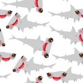 Seamless pattern Cartoon gray Smooth hammerhead Winghead shark Kawaii with pink cheeks and winking eyes positive smiling on white