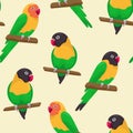 Seamless pattern with cartoon green love birds sitting on branches. Flat little colorful exotic parrots. Vector Royalty Free Stock Photo