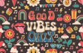 Seamless Pattern of Cartoon groovy stickers 70s with hippie style