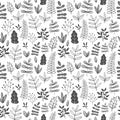 A seamless pattern of cartoon hand-drawn floral elements and leaves. Black and white illustration for clothes, wrappers, textiles,