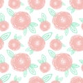 Seamless pattern of cartoon hand-drawn pink cute flowers and small green leaves. Illustration in pastel shades for clothes, wrappe Royalty Free Stock Photo