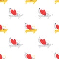 Seamless pattern with cartoon hearts in the car. The hand-drawn lover is driving forward in a yellow and gray car. Vector stock
