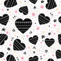 Seamless pattern with cartoon hearts, flowers, stars, decor elements, dots, floral ornament. Scandinavian style.