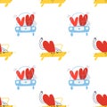 Seamless pattern with cartoon hearts on a trip. A lover rushes in a yellow car next to a family in a blue car. Vector stock