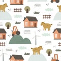 Seamless pattern with cartoon horse, house, decor elements. Farm. Flat colorful vector for kids. hand drawing. animals.