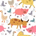 Seamless pattern with cartoon horses, cows, pigs, birds, decor elements. flat vector style. hand drawing. nature theme. Royalty Free Stock Photo