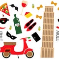 Seamless pattern with cartoon italian symbols - Pisa tower, retro scooter, red wine, coffee, pizza, pasta, cheese, fashion shoes.