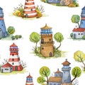 Seamless pattern with cartoon lighthouses, trees and plants. Fairytale landscape. Isolated objects on white background.