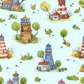 Seamless pattern with cartoon lighthouses, trees, stones and plants. Fairytale landscape on blue background.