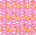 Seamless pattern with cartoon llamas. Pink childrens background. Cute animals on a background of white clouds. Vector illustration