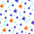 Seamless pattern cartoon lue and orange fish, water bubbles. Hand drawn marine print, vector eps 10