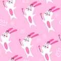 Seamless pattern with cartoon magic bunnies, decor elements on a neutral background. flat style, colorful vector for kids. hand dr Royalty Free Stock Photo