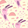 Seamless pattern with cartoon magic bunnies, decor elements on a neutral background. flat style, colorful vector for kids. hand dr Royalty Free Stock Photo