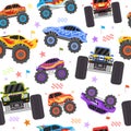 Seamless pattern with cartoon monster trucks for boy. Extreme racing heavy cars with big tires. Toys monster truck for Royalty Free Stock Photo