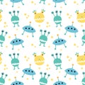 Seamless pattern with cartoon monsters, space aliens. Modern flat design.
