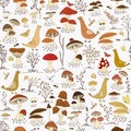 Seamless pattern with cartoon mushrooms and birds and isects